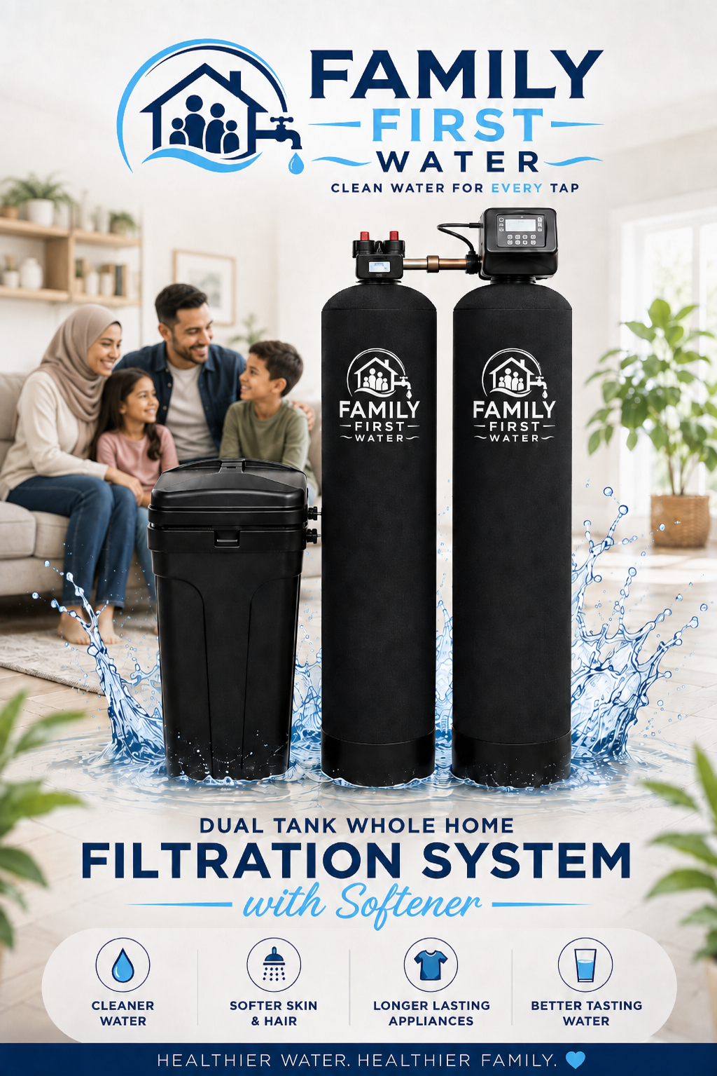 Dual tank whole home water filtration and softener system by Family First Water